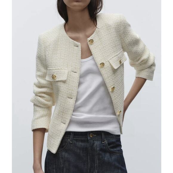 NWT Zara Women’s Textured Blazer Small Tweed Pockets Metallic White NO‎ BELT - Picture 1 of 15